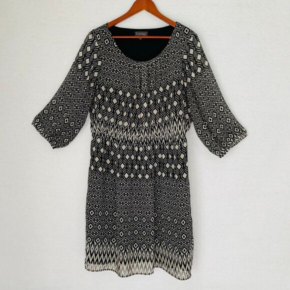 Luxology Dress Women Size 18 20 Black Tan Geometric Aztec Pullover Lined Sheer - Picture 10 of 10